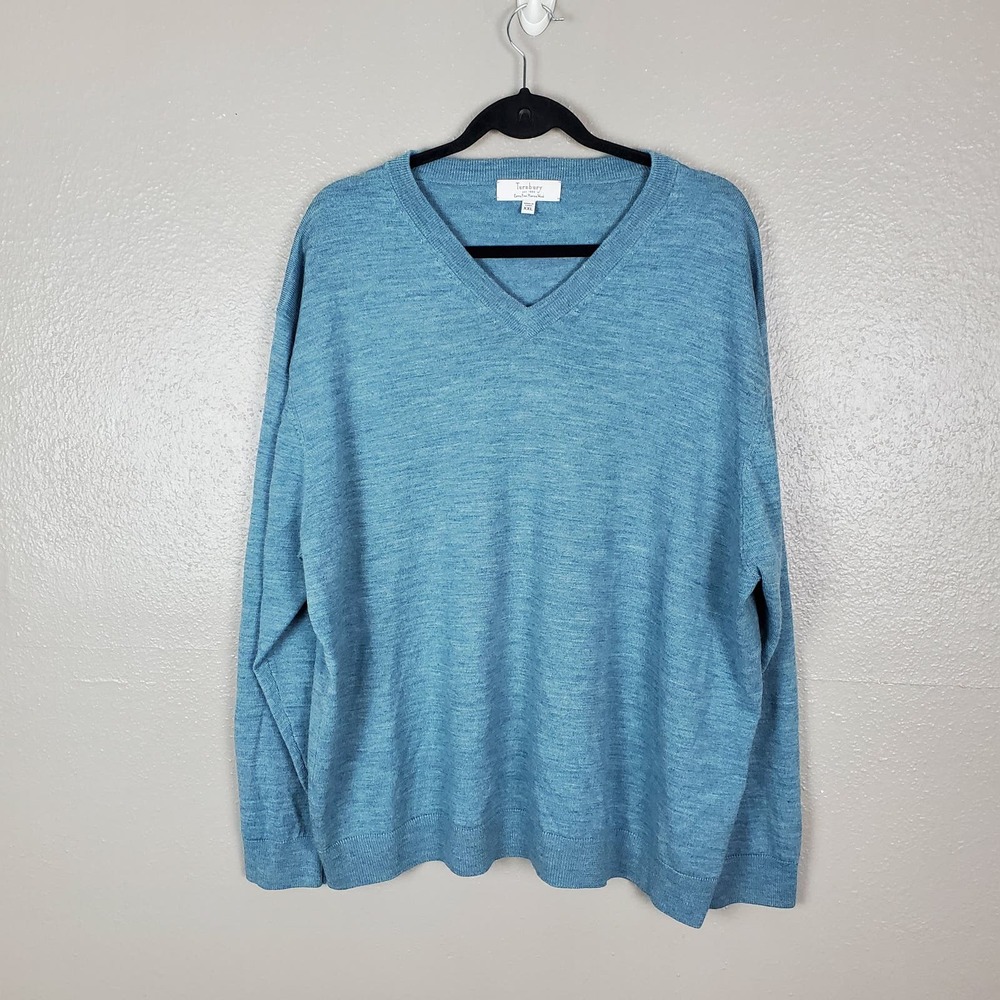 Turnbury Men's Blue Fine Merino Wool V-Neck Sweater XXL